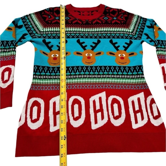 Reindeer Ugly Christmas Sweater HO HO HO Mixed Pattern Red Blue Size M - Picture 6 of 17